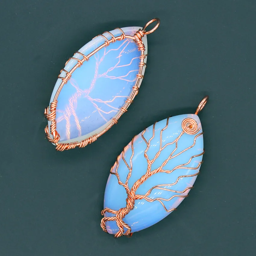 100-Unique 1 Pcs Rose Gold Color Handmade Wire Wrapped Marquise Shape Opalite Opal Pendant For Anniversary Jewelry