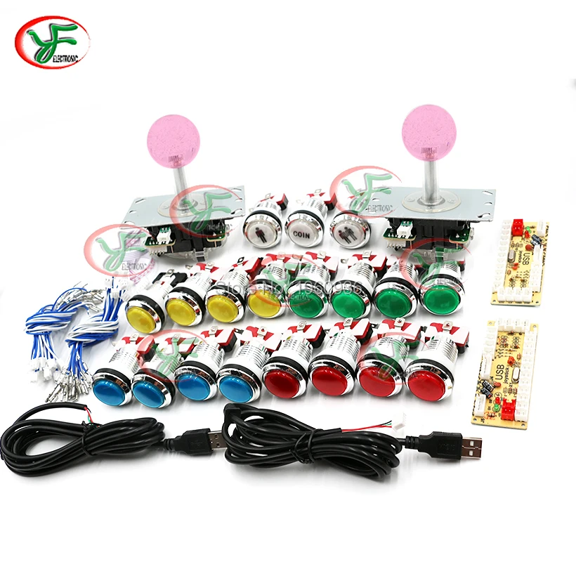 Kit Arcade Joystick DIY Nol Penundaan 2 Pemain dengan 2 Joystick LED + 2 Enkoder USB + 19 Tombol Tekan Lampu 1P 2 P Koin