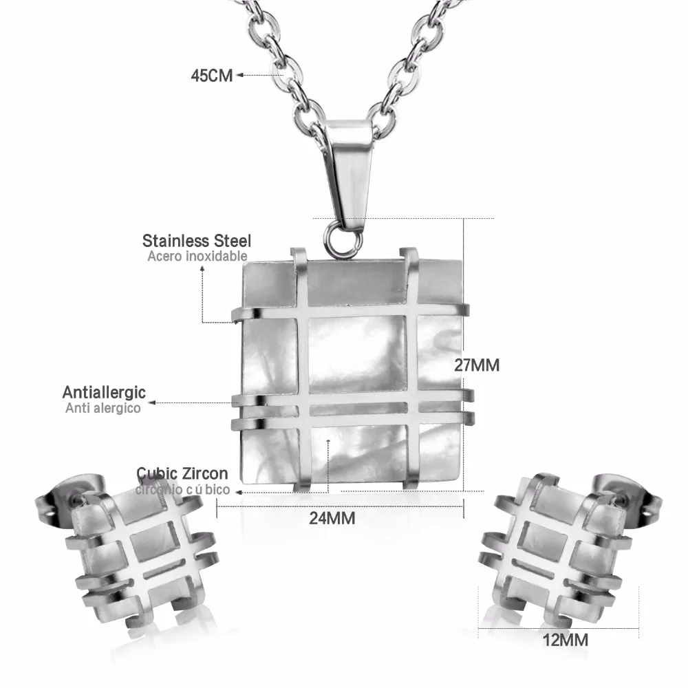 LUXUKISSKIDS Jewelry Sets Stainless Steel Square Shape Pendant Necklace Earring For Women Chain Necklace Female Jewelry Collier