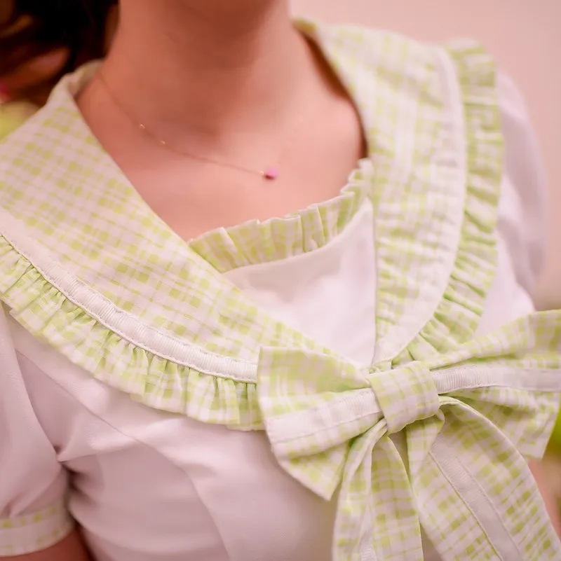 Princess sweet lolita blouse Candy rain summer Japanese style cute College style lapel grid chiffon blouse skirt W43