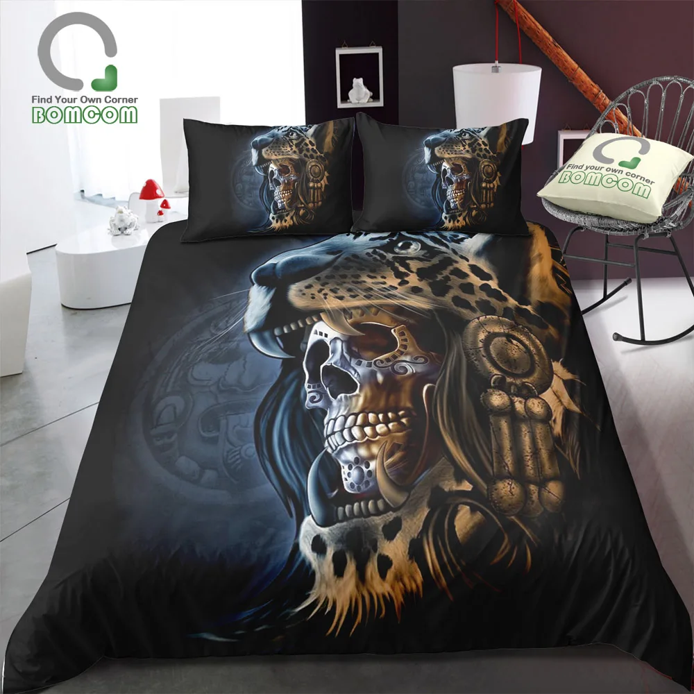 

BOMCOM 3D Digital Printing Duvet Cover Set Skull with Leopard Head Aztec Warrior Skull Bedding Set 100% Microfiber