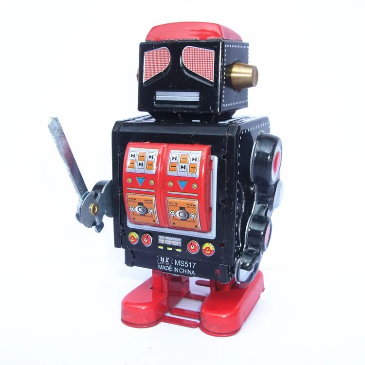 [Funny] Classic collection Retro Clockwork Wind up Metal Walking Tin Toy Warrior robot Mechanical kids christmas gift