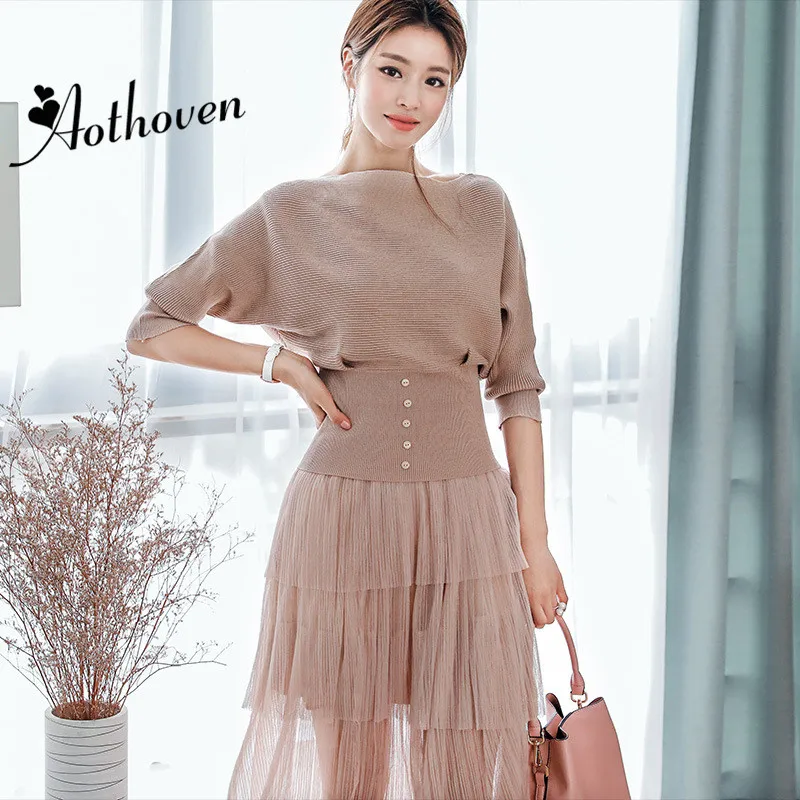 

2 Piece Set Autumn 2018 Women Full Batwing Sleeve O Neck Top and Ruffle Mesh Skirt Office Party Two Suit Piece Sets Vestidos