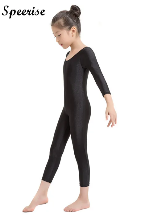 SPEERISE Girls Long Sleeve Black Unitard Boys Skin Tight Bodysuits Spandex Full Body Scoop Neck Yoga Dancewear