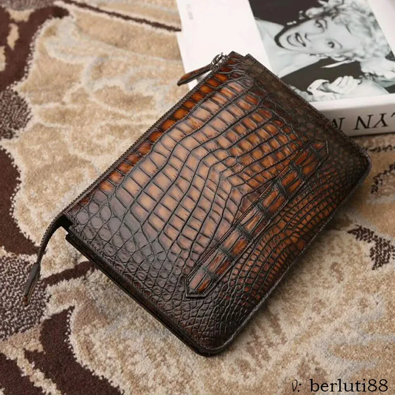 Luxury Nino Alligator Leather Document Holder genuine crocodile patina leather clutch handbag for men handmade dropship price