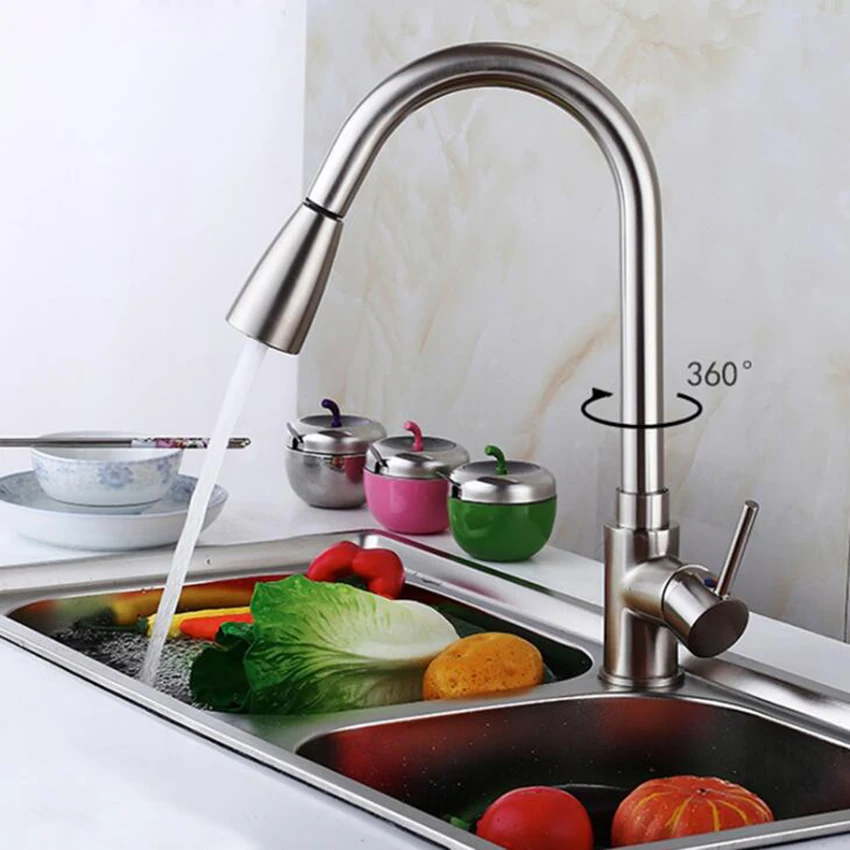 

Серебряный выдвижной кухонный кран с одной ручкой, смеситель для воды на 360 градусов, поворотная ручка с одним отверстием