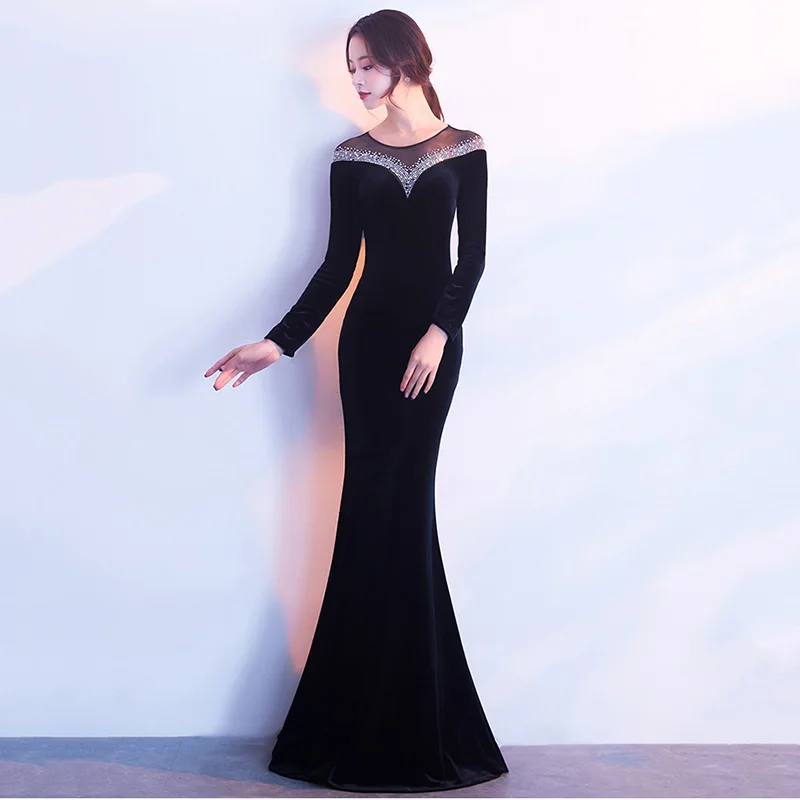 

Corzzet High Quality Black Vevet Full Sleeve Long Mermaid Elegant Women Sexy Celebrity Evening Party Dress Vestidos de festa