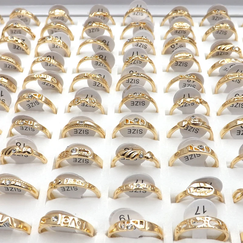 50pcs/lot Simple Ladies Gold Color Finger Rings Zirconia Element Mixed Design For Lovers