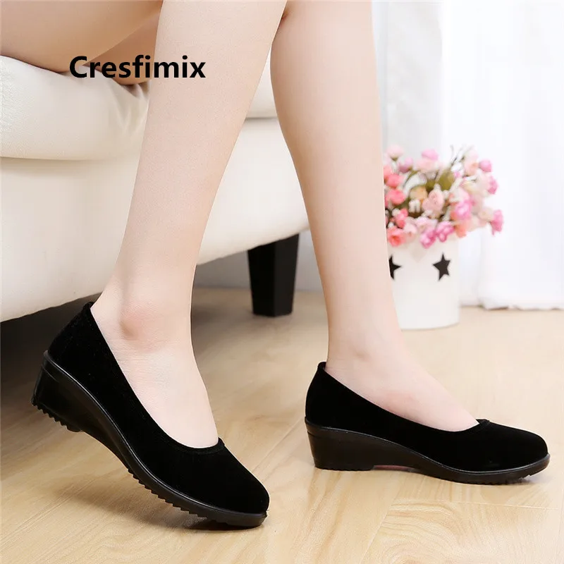 Cresfimix women fashion sweet wedge heel black slip on cloth shoes lady retro casual comfortable shoes zapatos de mujer a3197