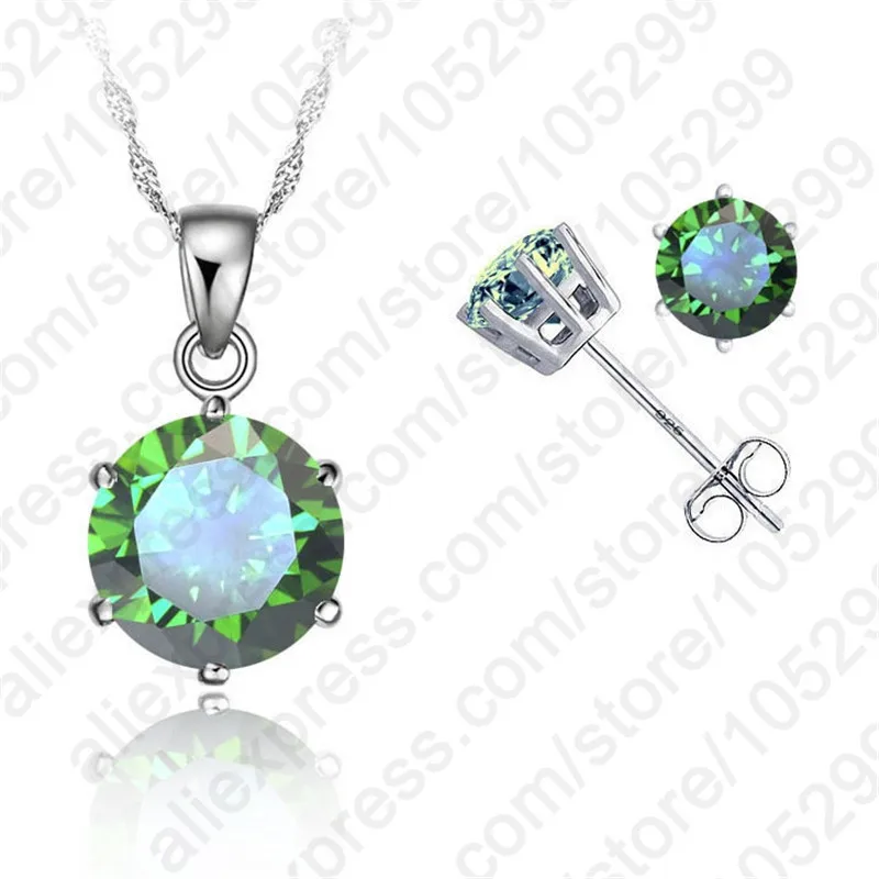 Klassische 8 Farben Zirkonia echte Silber Nadel Schmuck Sets 6 Krallen Ohr stecker Anhänger Halskette 18 "Kette