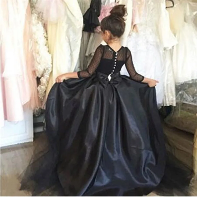 Beauty New Elegant Ball Kids Communion Dresses For Girls Long sleeve Black Flower Girl Dresses Baby Girl Tutu Dress