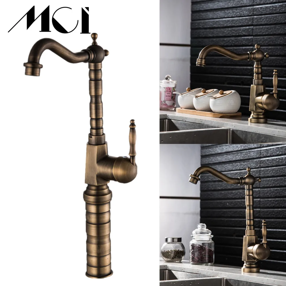 

Antique Brass Bathroom Basin Carved Faucet Long Nose Spout Wash Sink Tap 360 Rotation Single Handle Mixer Tap Torneiras Mci