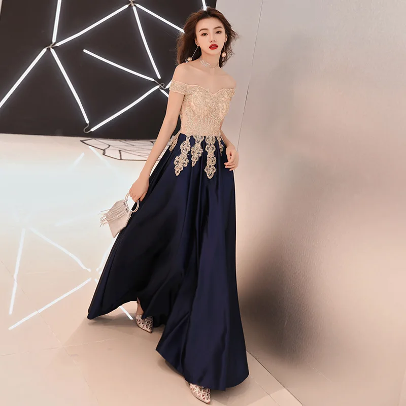 It\'s YiiYa Evening Dress Gold Lace Navy Blue Fashion Party Gowns Boat Neck Floor length Long Formal Dresses  E052