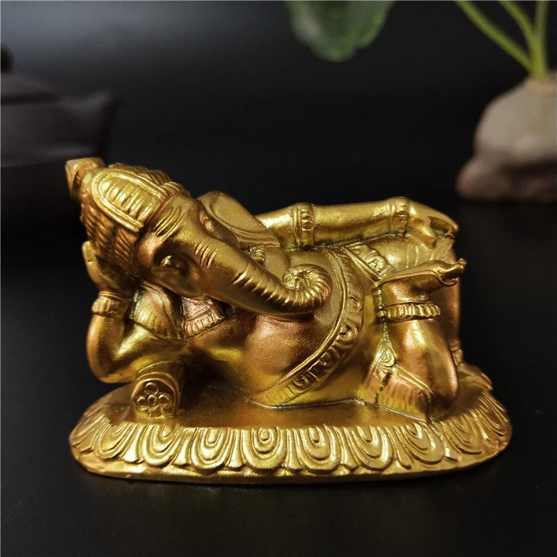 Golden Lying Ganesha Buddha Statue Elephant God Sculpture Ganesh Figurines Man-made Stone Home Garden Decoration Buddha Statues