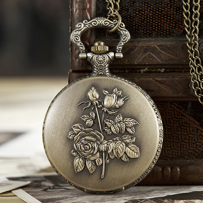 Ancient Pocket Watch Fob Chain Flower Rose Engrave Clock Mens Flip Bronze Case Watch Vintage Male Watches for Men Women Gifts