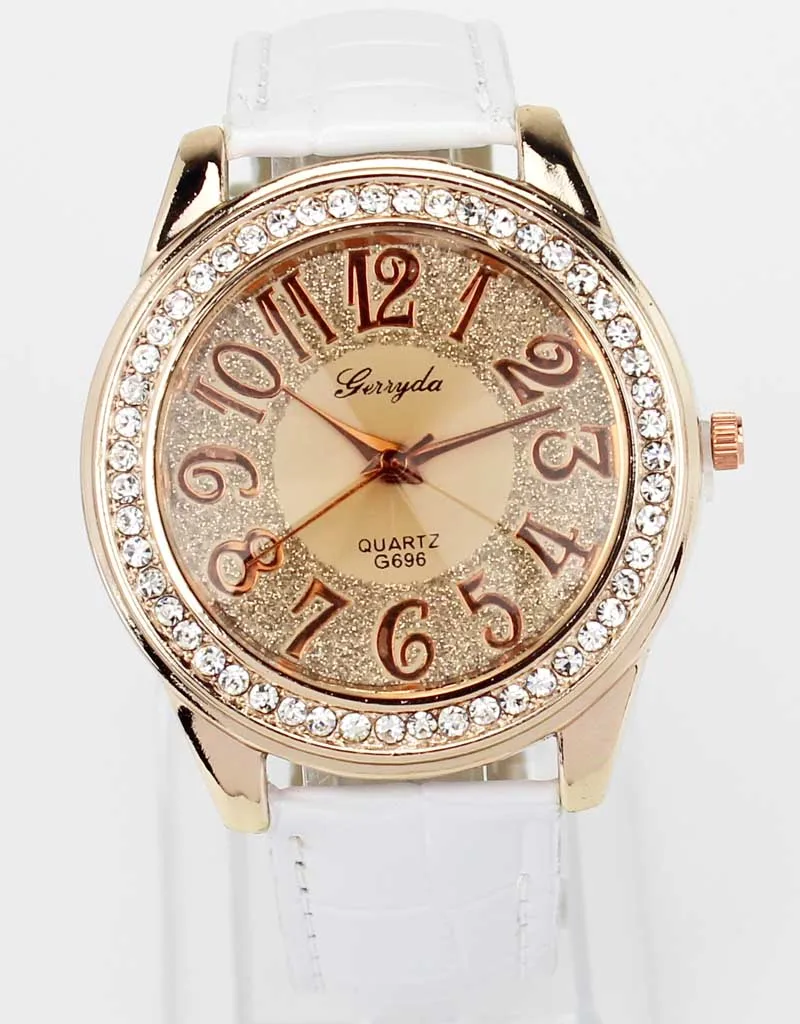 New Fashion Trendy Women Rose Gold Bling Dial Crystal Black White Pink Brown Leather Band Quartz Wrist Watch