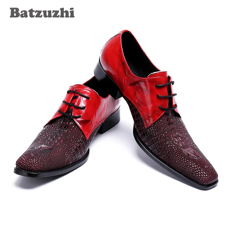 Zapatos de hombre de estilo italiano de lujo, zapatos de vestir pequeños con punta cuadrada para hombre, zapatos de cuero genuino con cordones, zapatos de boda rojos para hombre, Oxfords, US12