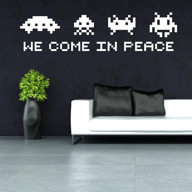SPACE INVADERS Wall Art - we come in peace Retro VINYL WALL Decal STICKER Game SPACE INVADERS Play Room Decor