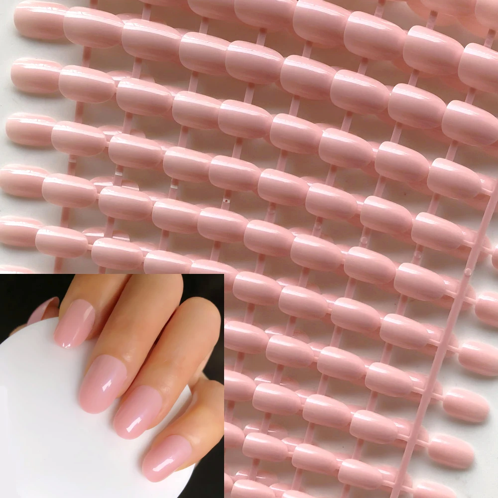 Atacado unhas falsas redondas de pérola luz rosa cor pura redondas naturais glitter unhas francesas redondas tamanho #10