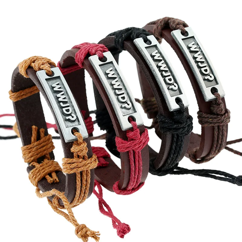 Fashion Bracelets Wrap Rope Alloy Letters Charm Cow Leather Bracelet Men Jewelry Handmade Wristband WWJD? in Rectangle Brown