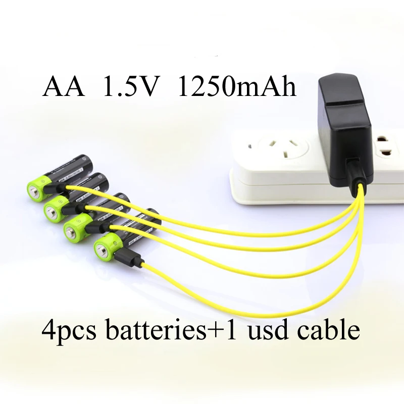 SORAVESS 4PC AA Lipo Lithium Polymer 1250mAh Battery ZNTER Rechargeable 2A 1.5V With Micro Cable Cell For Camera Toys