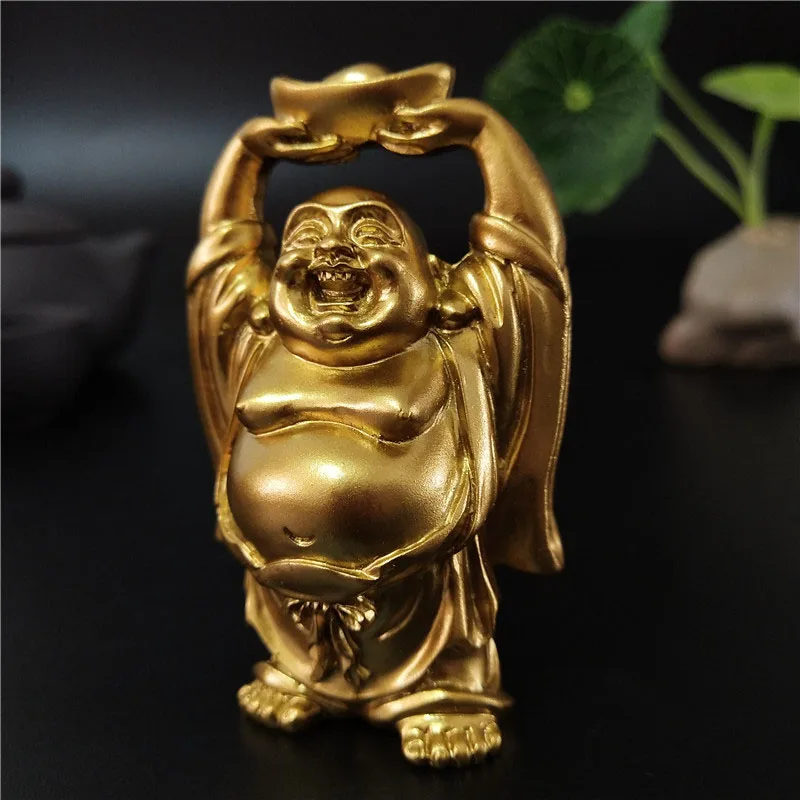 Golden Chinese Feng Shui Laughing Buddha Statue Ornaments Money Maitreya Buddha Sculpture Garden Figurines For Home Decoration