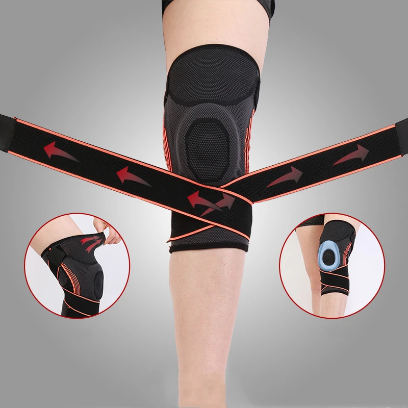 1pc Silicone Padded Knee Brace Support Adjustable Non-slip Protective Sports Knee Pad Basketball Pressurized Patella Knee Sleeve