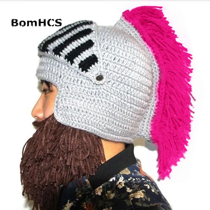 BomHCS Red Tassel Cosplay Roman Knight Knit Helmet Men\'s Caps Original Barbarian Handmade Winter Warm Beard Hats Funny Beanies