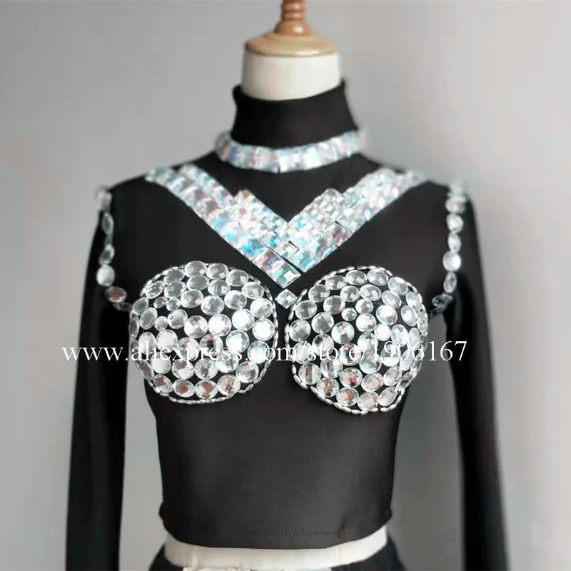 Singer Ballroom Dance Stage Silver Mirror Costumes Female Bodysuit DJ Dresses Catwalk Performance Rhinestone Outfits Party Wears