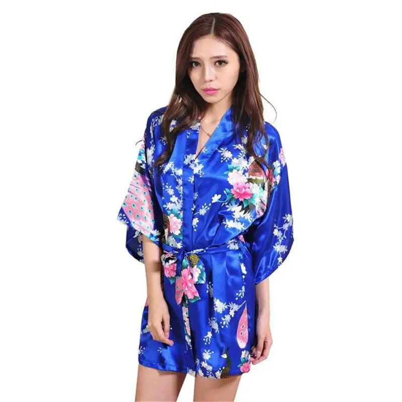 

Blue Chinese Women Silk Rayon Mini Robe Sexy Kimono Bath Gown Intimate Lingerie Pajama Size S M L XL XXL XXXL ZS021