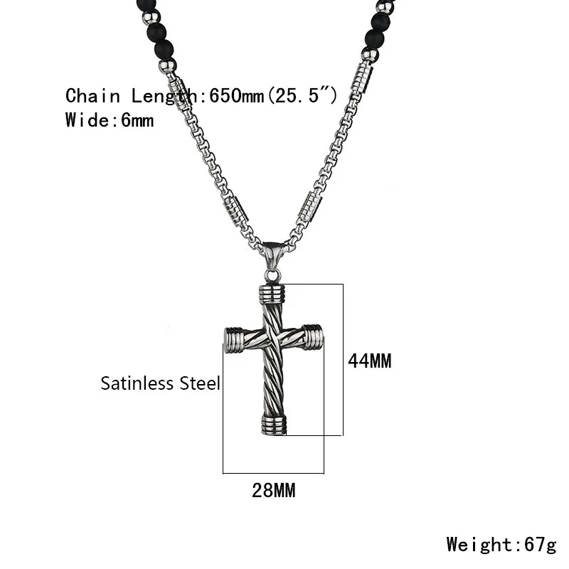 Stainless Steel Cross Pendant Necklace Silver Color Stainless Steel Chain Black Stone Strand Beads Necklaces Ethnic Jewelry Men