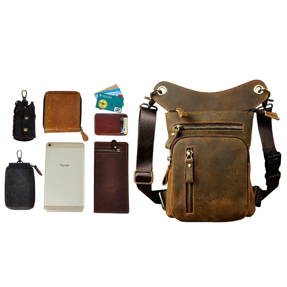 Original Leather Men Design Casual Messenger Bag Fashion Multi-function Fanny Waist Belt Pack Drop Leg Bag Tablet Case 211-11