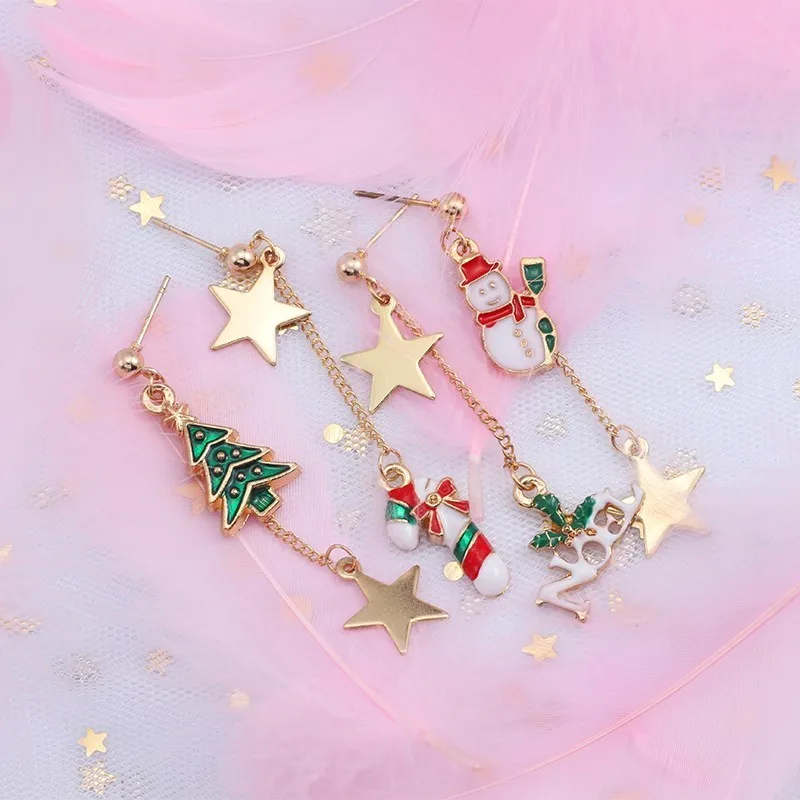 Trendy Star Christmas Tree Snowman Long Tassel Earrings For Women Chic Asymmetry Stud Earin Party Gigs Xmas Jewelry Gifts Brinco