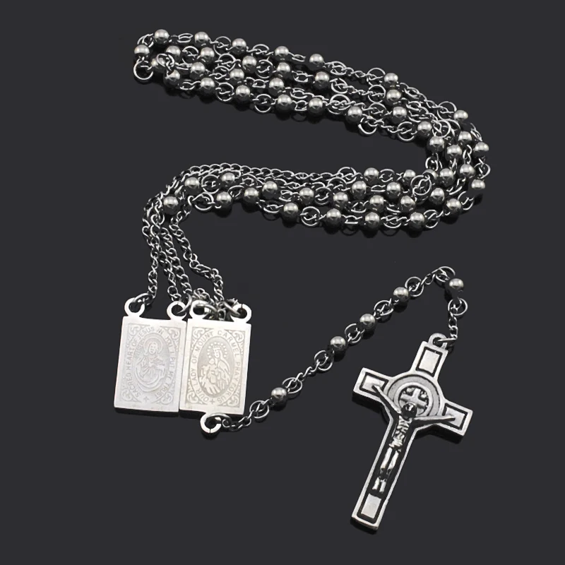 ATGO Rosary Beads Jesus Cross Religious Stainless Steel Necklace Womens Mens chain for men Hot Sale BRN18