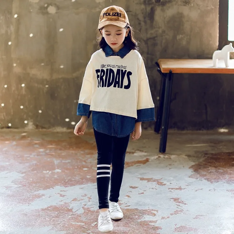 Hot Girls Spring Fall 3 Pcs Set Korean Children's Wear Kids Korean Vest Coat + Loose T-shirt + Leggings Fashionable Clothes X245