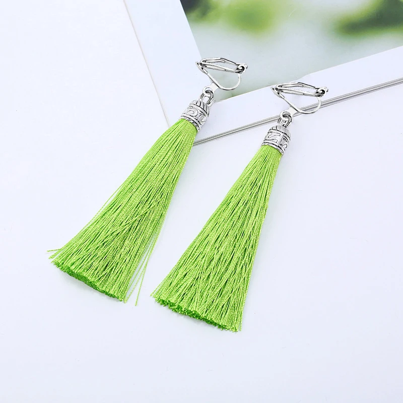 GRACE JUN Hot Sale Long Style Tassel Clip on Earrings No Pierced for Women Luxury Fashion Bohemain Ethic Charm Jewelry Ear Clip