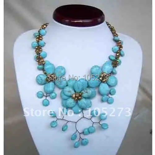 WIRED FLOWER NECKLACE WITH TURQUOISE FRESHWATER PEARL FASHION WOMAN'S Girl's Party Gift JEWELRY NEW Arrive FREE SHIPPING FN479