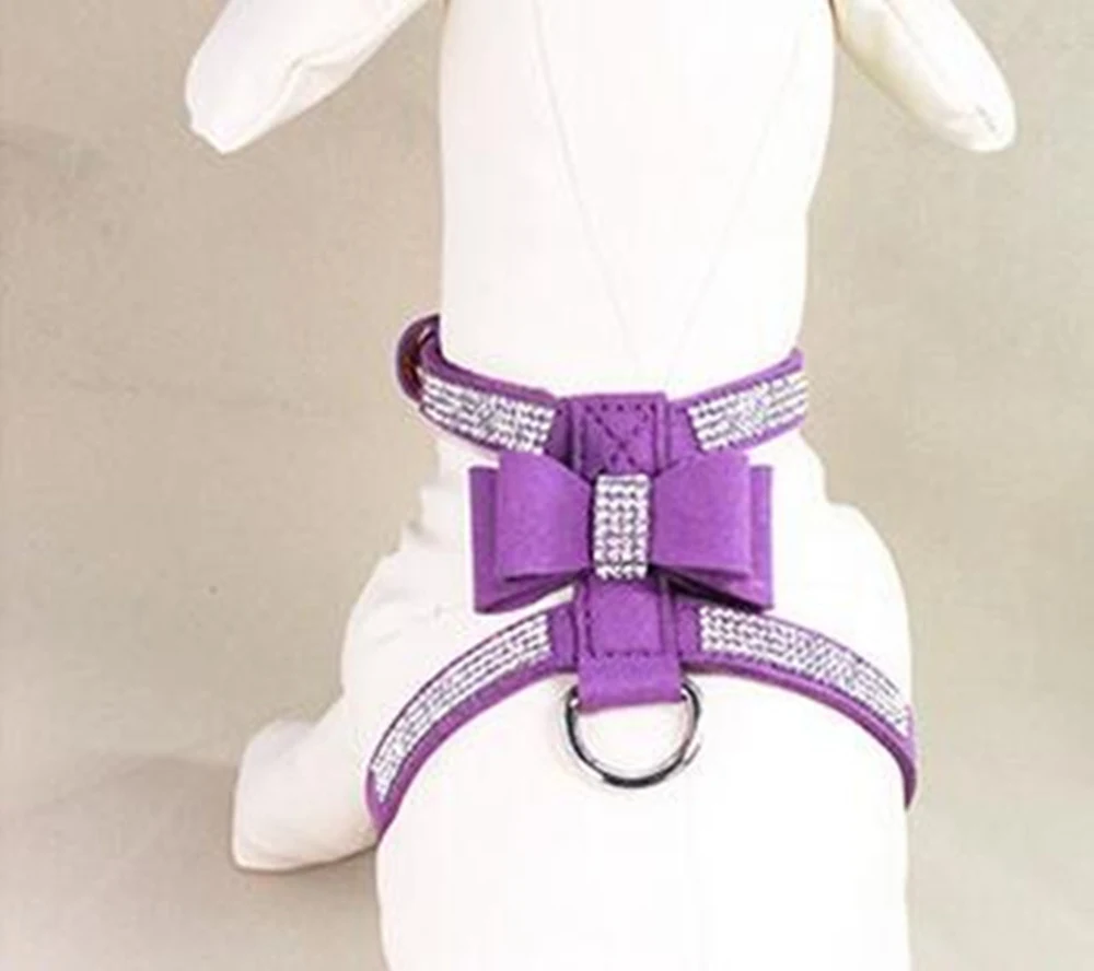 Soft PU Leather Bowknot Dog Harness Bling Rhinestones for Small Medium Dogs S-L