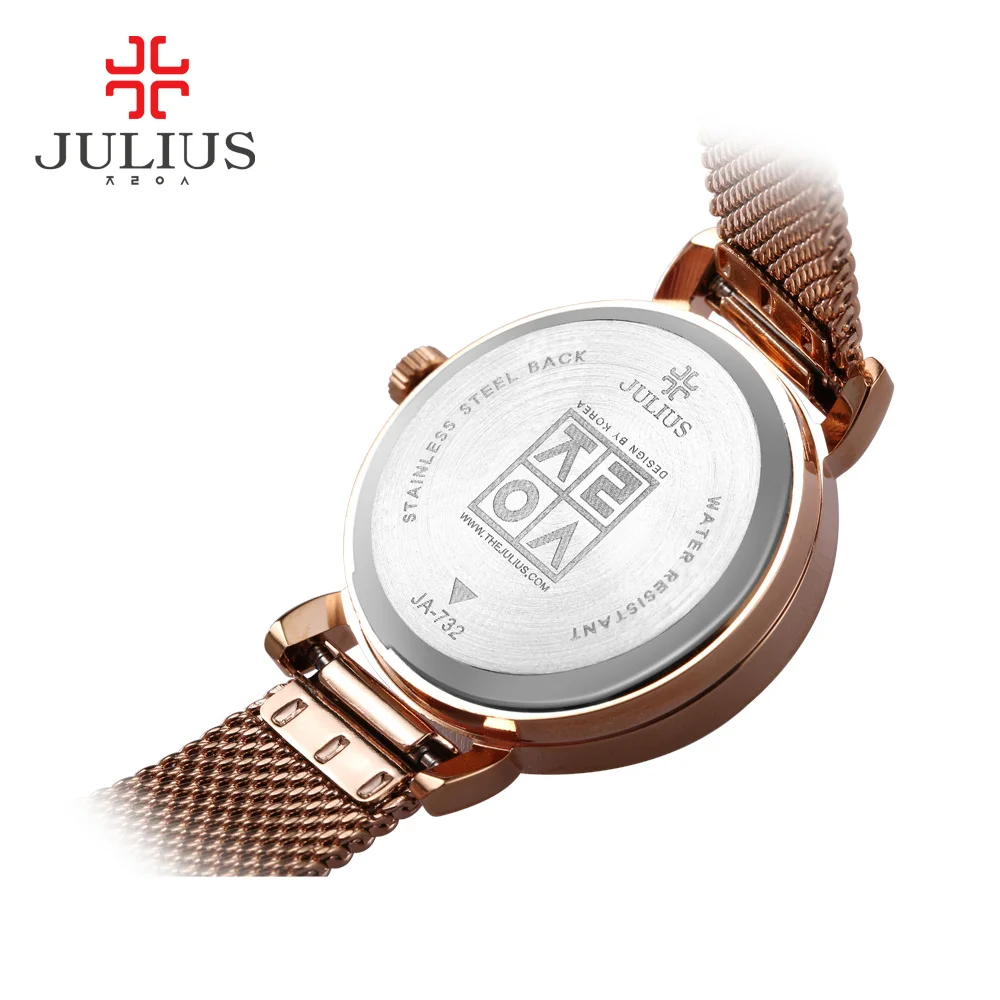 JULIUS JA-732 Female Women\'s Silver Rose Gold Tone Mesh Stainless Steel Quartz Analog Waterproof Fashion Watch Casual Wristwatch