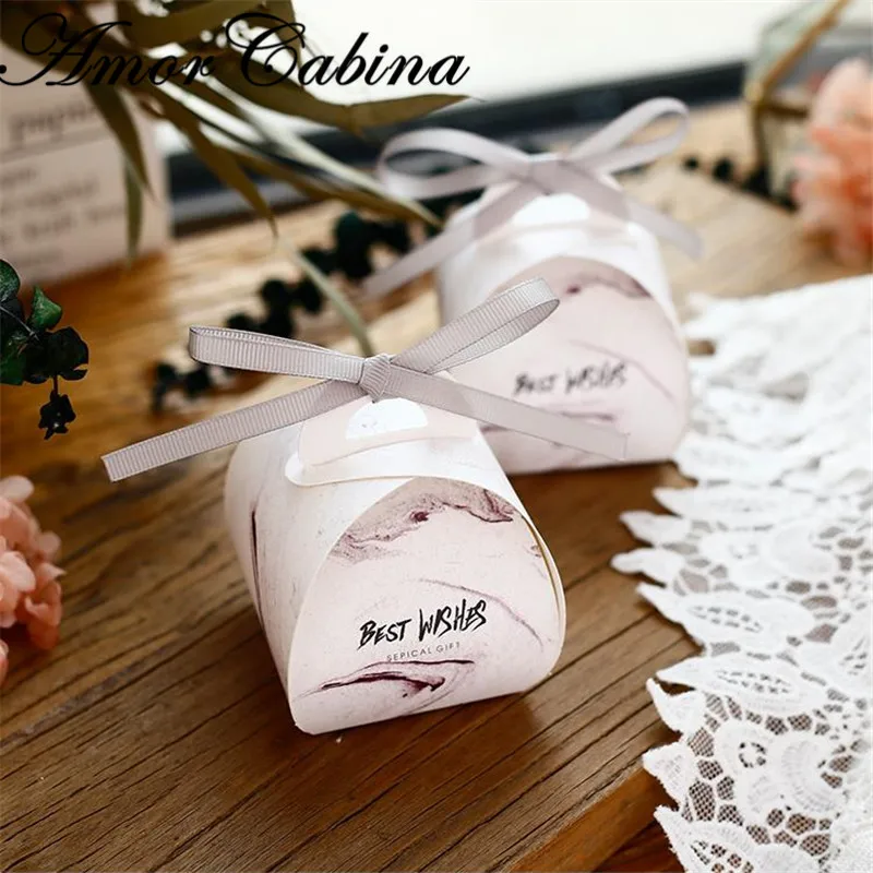 50pcs Pink Grey Marble Romantic Wedding Decoration Like Bomboniera Birthday Gift Box Green Forest Style Pyramid Candy Box