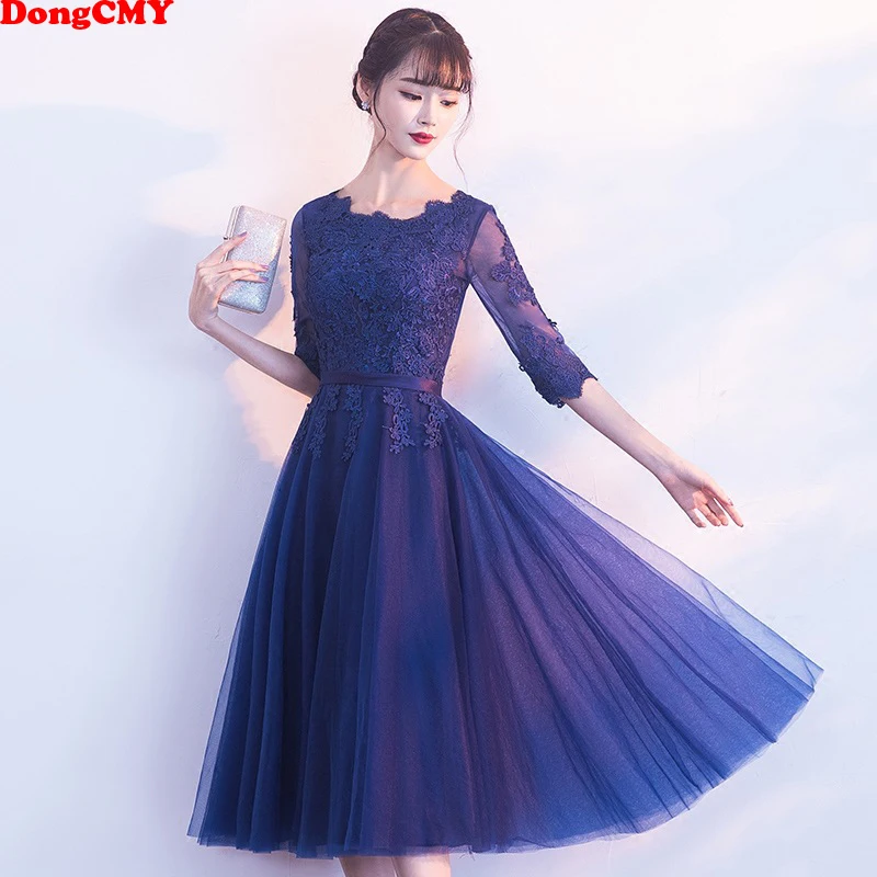 DongCMY Navy Blue New Arrival Short Lace Sexy Prom Dresses Half Sleeve Elegant Vestidos Evening Party Gowns