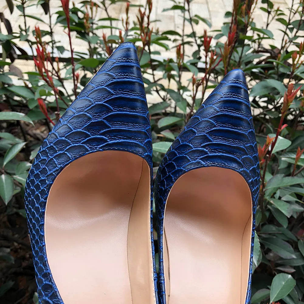 Veowalk Sexy Women Snakeskin Embossed Extremely High Heel Party Shoes Italian Style Navy Blue Fashion Ladies Stilettos Pumps