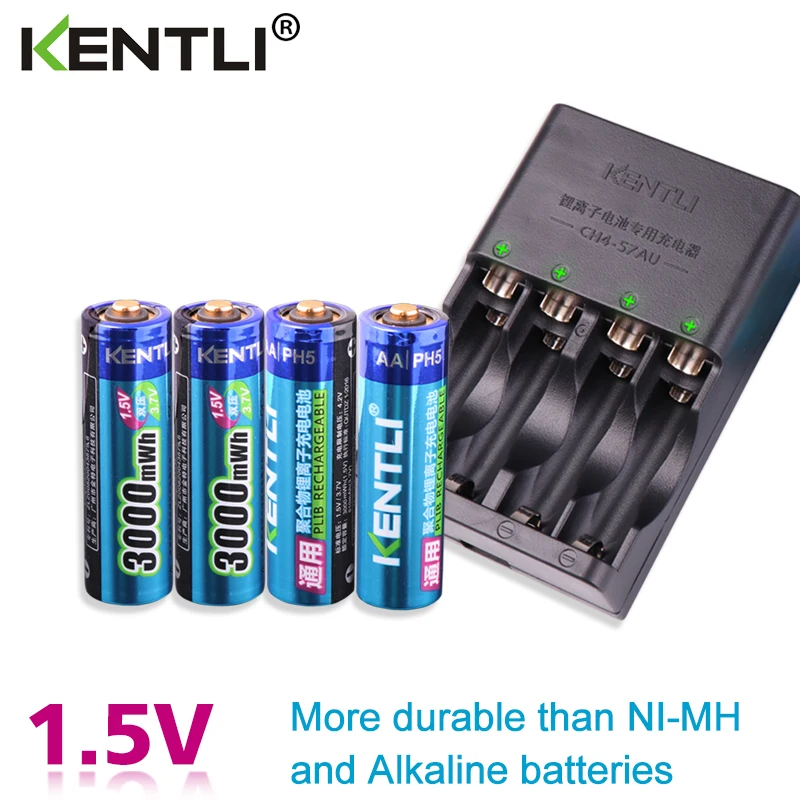 

KENTLI 4pcs 1.5v aa 3000mWh Rechargeable Li-ion Li-polymer Lithium battery + 4 slots AA AAA lithium li-ion Smart Charger