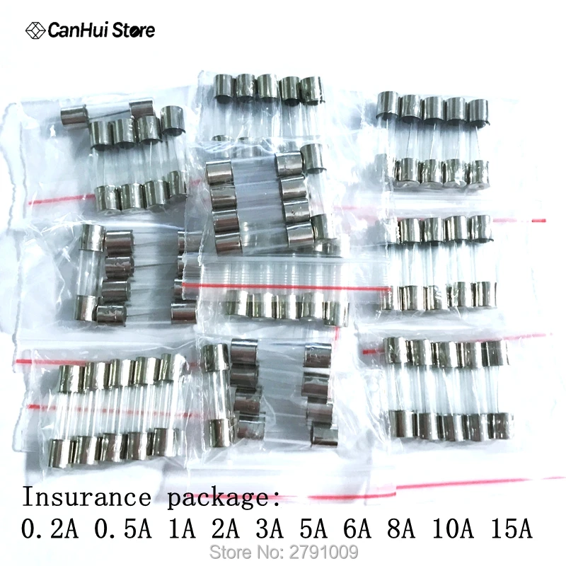 Kit de fusível de vidro rápido, 50 tamanhos, 10 tipos, 5x20mm, 0,2a, 0,5a, 1a, 2a, 3a, 5a, 6a, 8a, 10a, 15a, 250v, 5x20, pacote de tubo de seguro