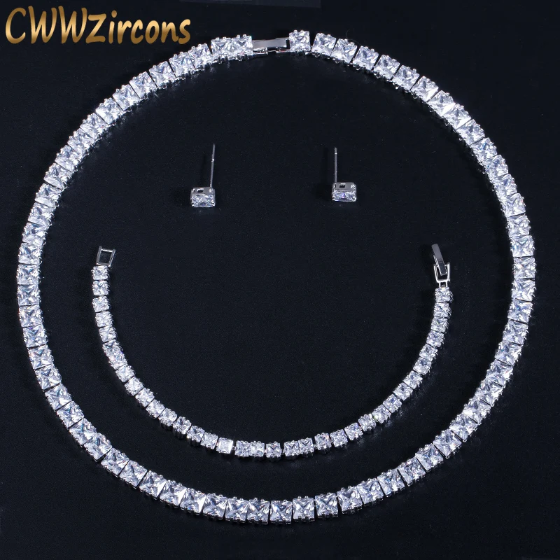 

CWWZircons Sparkling Princess Cut Cubic Zirconia Choker Necklace Earrings Bracelet Set for Women Wedding Party Jewelry T314