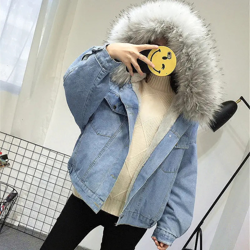 Denim Jacket Winter Big Fur Collar Korean Locomotive Lamb Coat Female Student