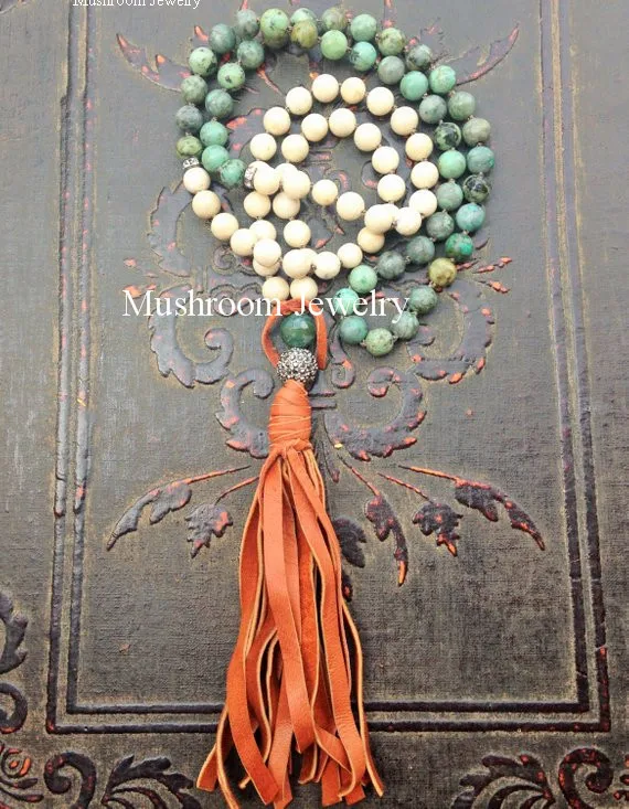 

Knot Riverstone Beads Bohemian Boho African Turquoise Brown Leather Tassel Necklace