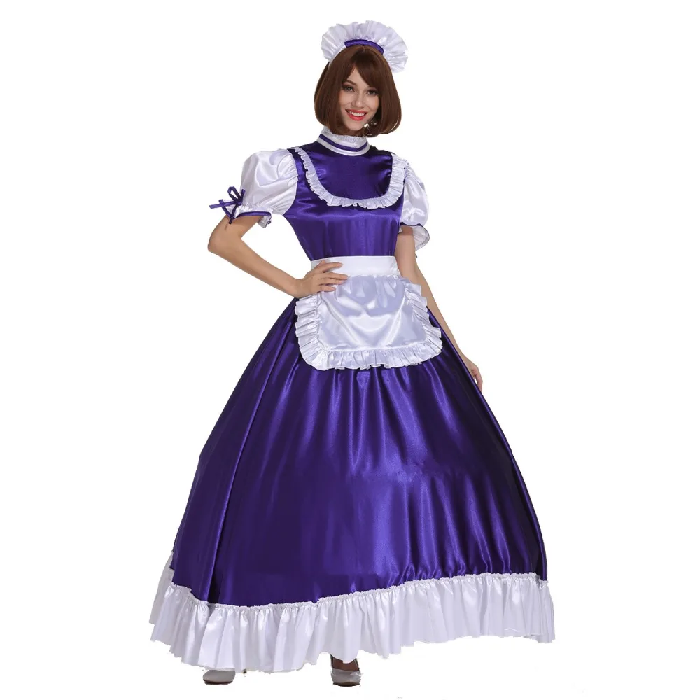 Sissy Girl Maid Frilly Purple Lockable Long Dress Crossdress Cosplay Costume