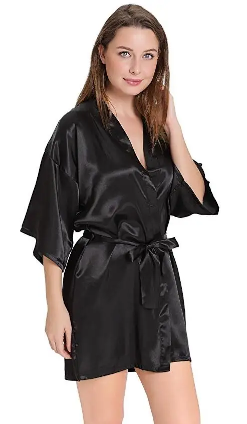 Sexy Silk Satin Night Kimono Robe Short Bathrobe Perfect Wedding Bridesmaid Bride Robes Solid Dressing Gown For Women