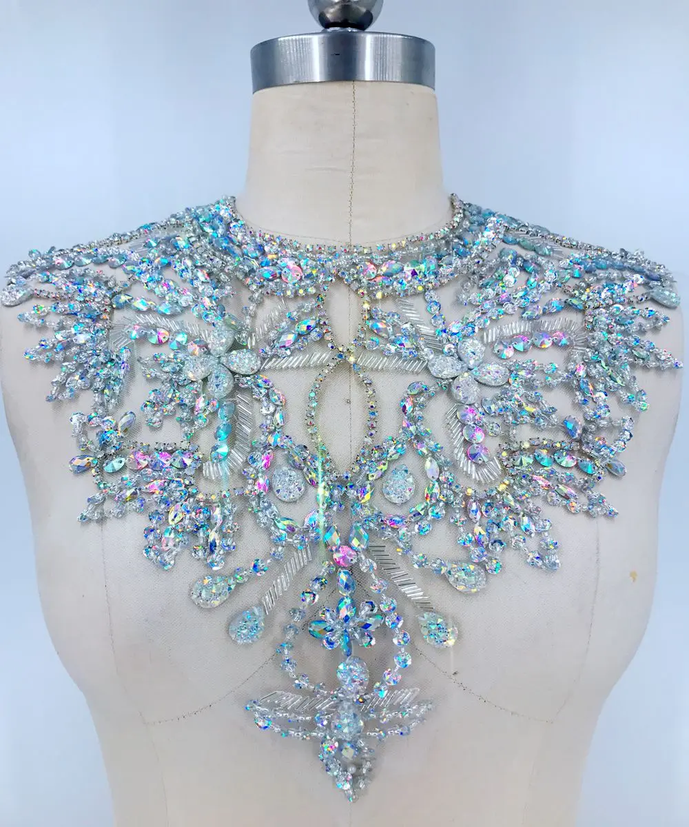 DazingHandmade clear AB colour crystal patches  Sequins  Rhinestones applique on white mesh 38*32cm for top dress skirt